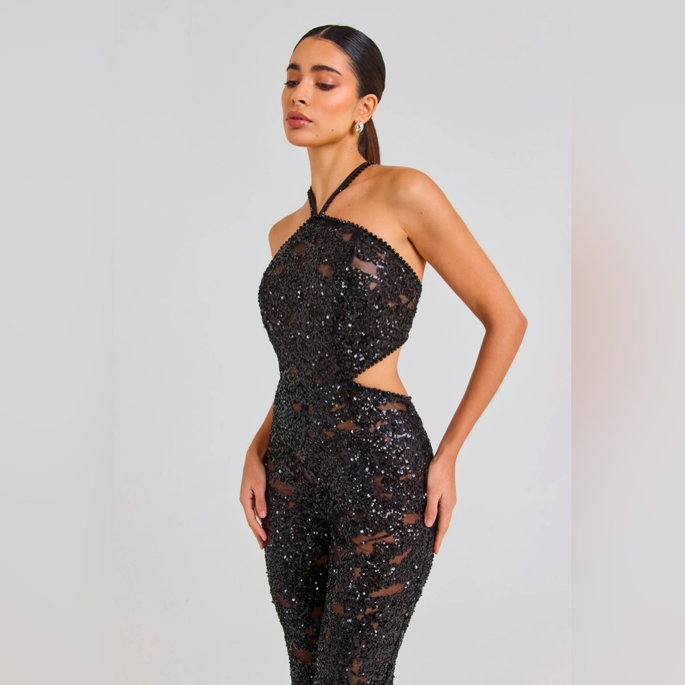 NWT Nadine Merabi black sequin Hallie jumpsuit - Picture 2 of 10